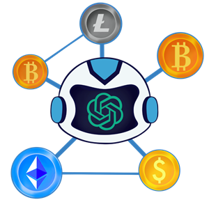 ai trading illustrated by octobot head with chatgpt logo trading bitcoin ethereum litecoin usd logos