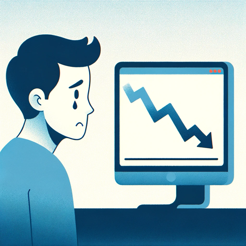 A person looks anxiously at a computer with a falling crypto market graph, illustrating FUD in cryptocurrency.