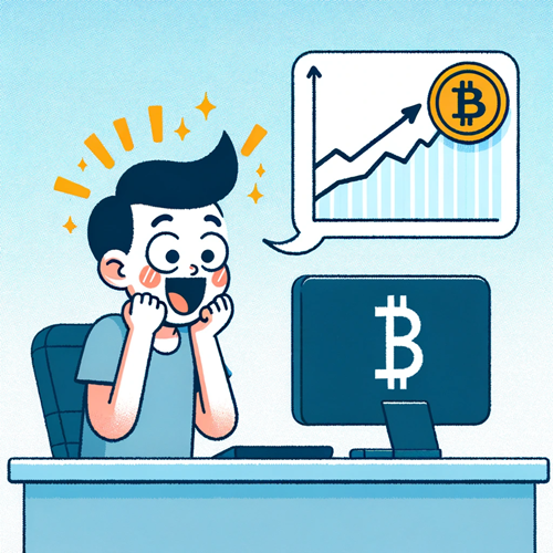 A person with an excited expression watches a rising crypto market graph on their computer, symbolizing FOMO in cryptocurrency.