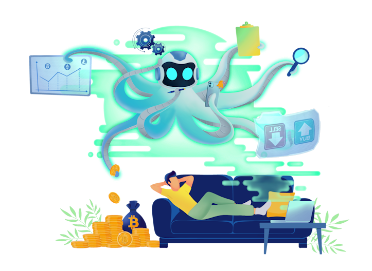 a man relaxing in his couch while octobot is making money by automating cryptocurrency strategies dark