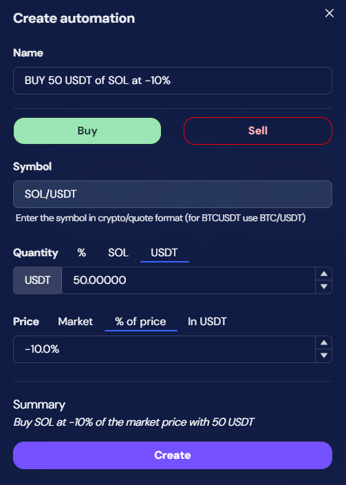 buy sol with 50 usdt at 10 percent discount octobot tradingview automation