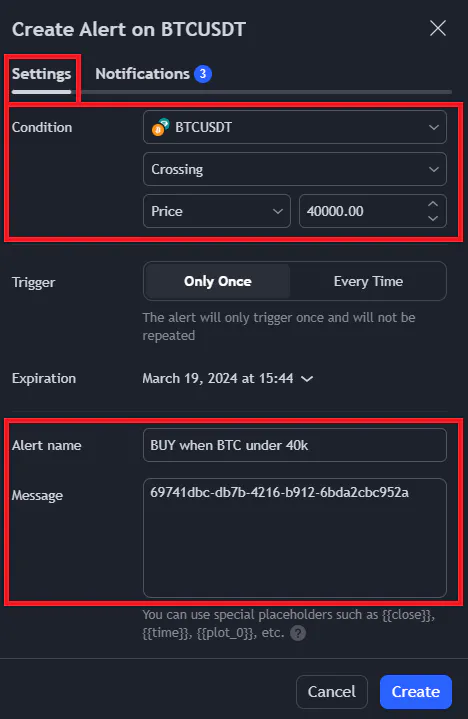 creating a price alert from tradingview