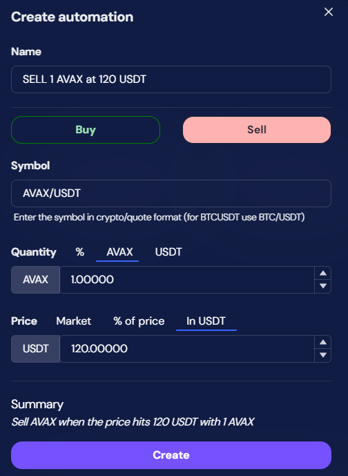 sell 1 avax at 120 usdt octobot tradingview automation